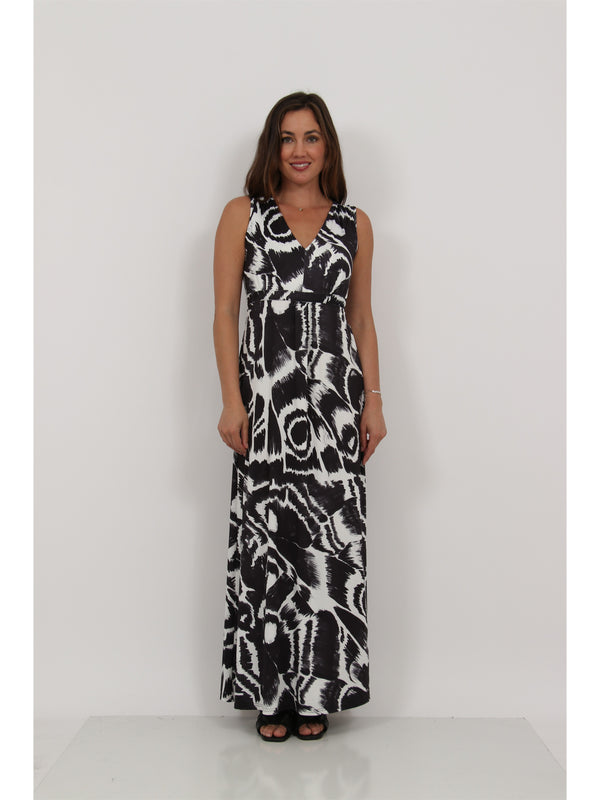 Essential Womens Abstract Print V Neck Sleeveless Tie Back Empire Waist Maxi Dress