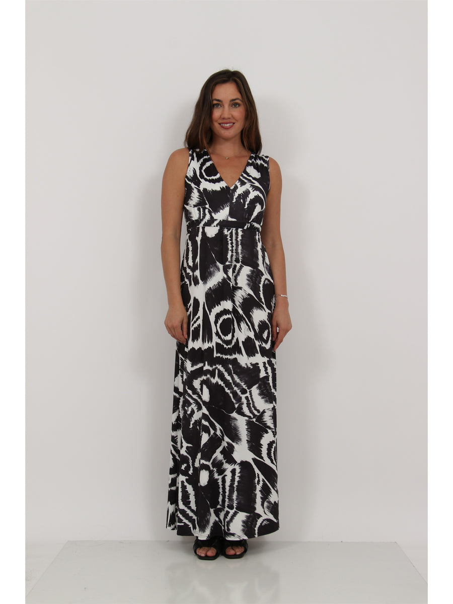 Essential Womens Abstract Print V Neck Sleeveless Tie Back Empire Waist Maxi Dress