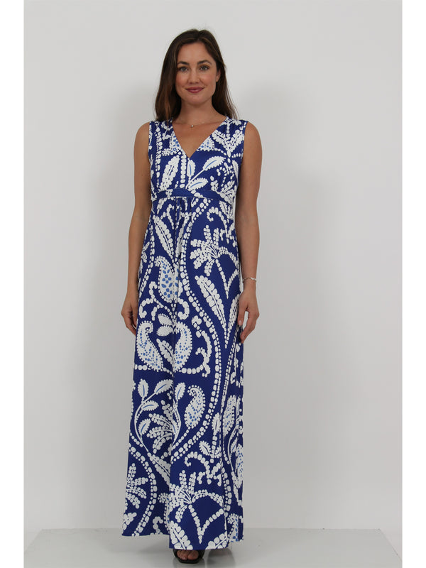 Essential Womens Abstract Print V Neck Sleeveless Tie Back Empire Waist Maxi Dress