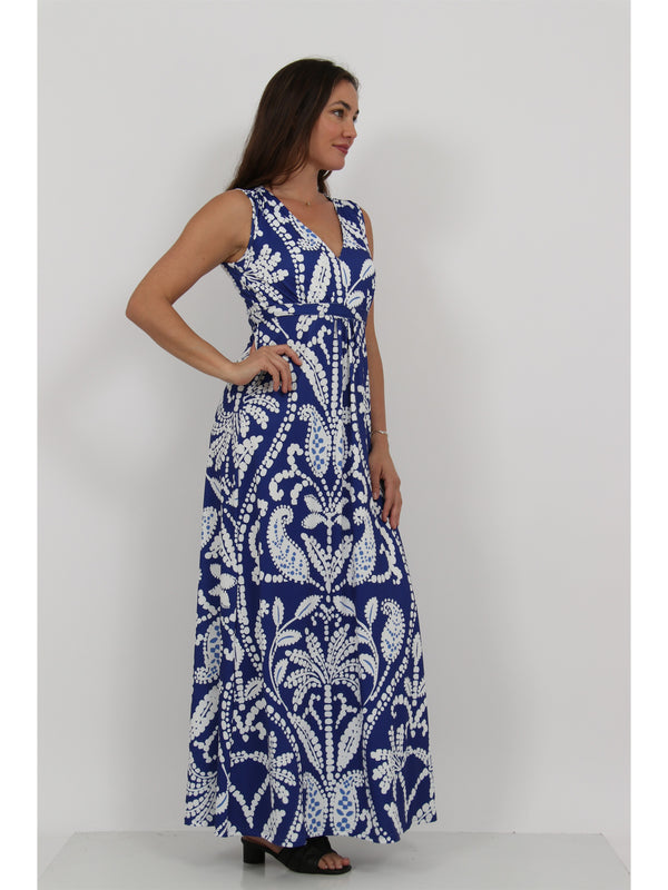 Essential Womens Abstract Print V Neck Sleeveless Tie Back Empire Waist Maxi Dress