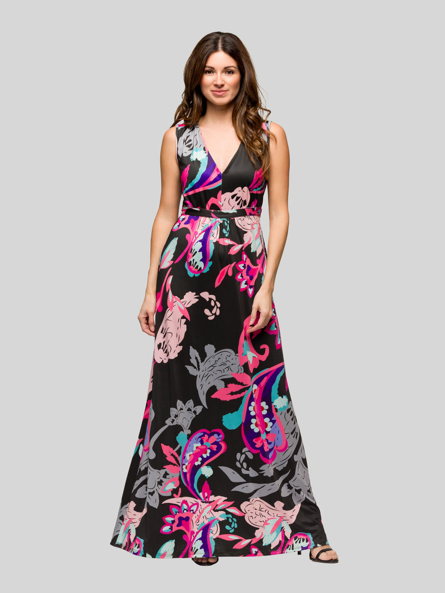 Essential Womens Paisley V Neck Tie Back Sleeveless Maxi Dress