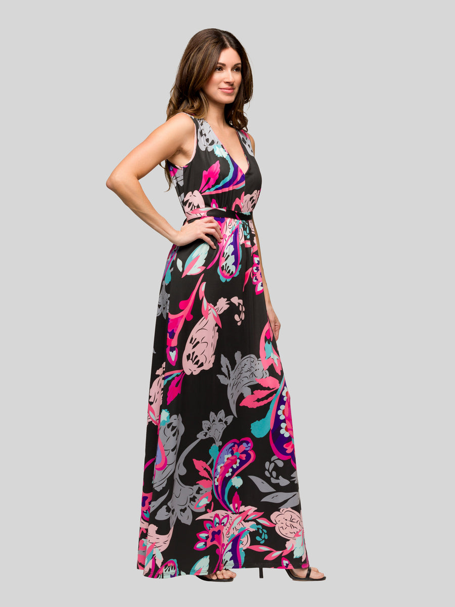 Essential Womens Paisley V Neck Tie Back Sleeveless Maxi Dress
