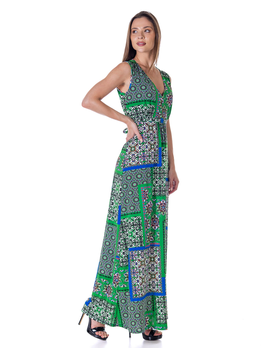 Essential Womens Abstract V Neck Empire Waist Sleeveless Maxi Dress