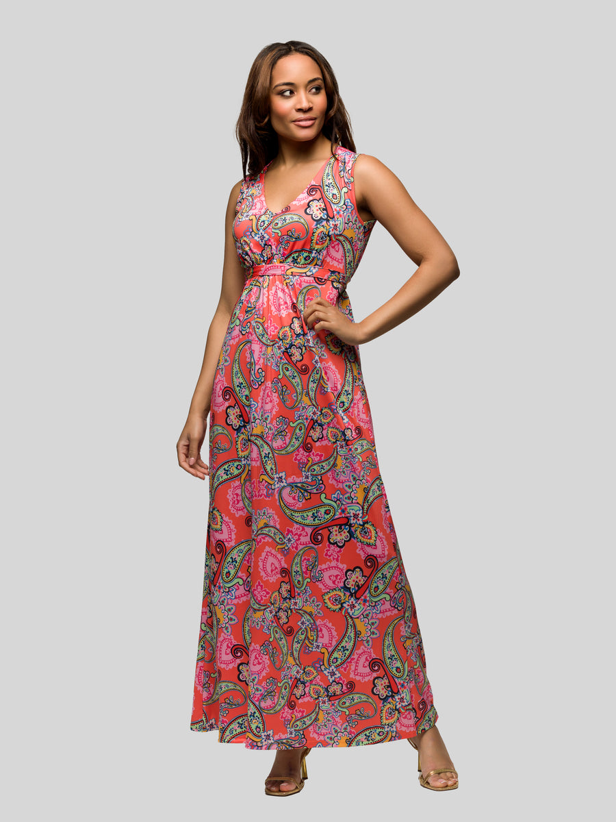 Essential Womens Paisley V Neck Tie Back Sleeveless Maxi Dress