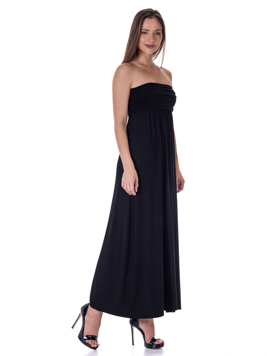 Essential Womens Strapless Tube Empire Ruched Waist Flowy Maxi Dress