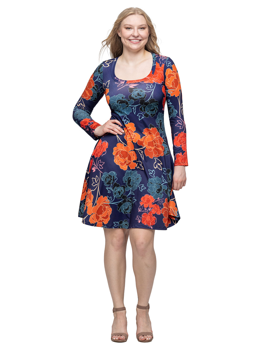 Essential Womens Floral Long Sleeve Scoop Neck Knee Length Dress