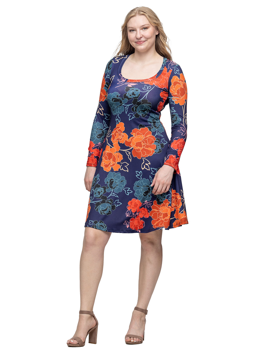 Essential Womens Floral Long Sleeve Scoop Neck Knee Length Dress