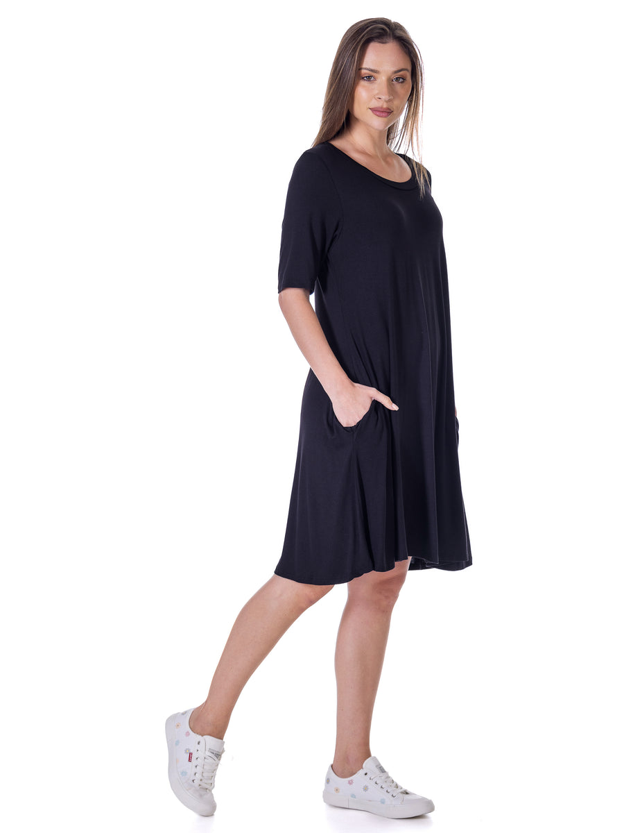 Essential Womens Round Neck Knee Length Flare T Shirt Pocket Dress
