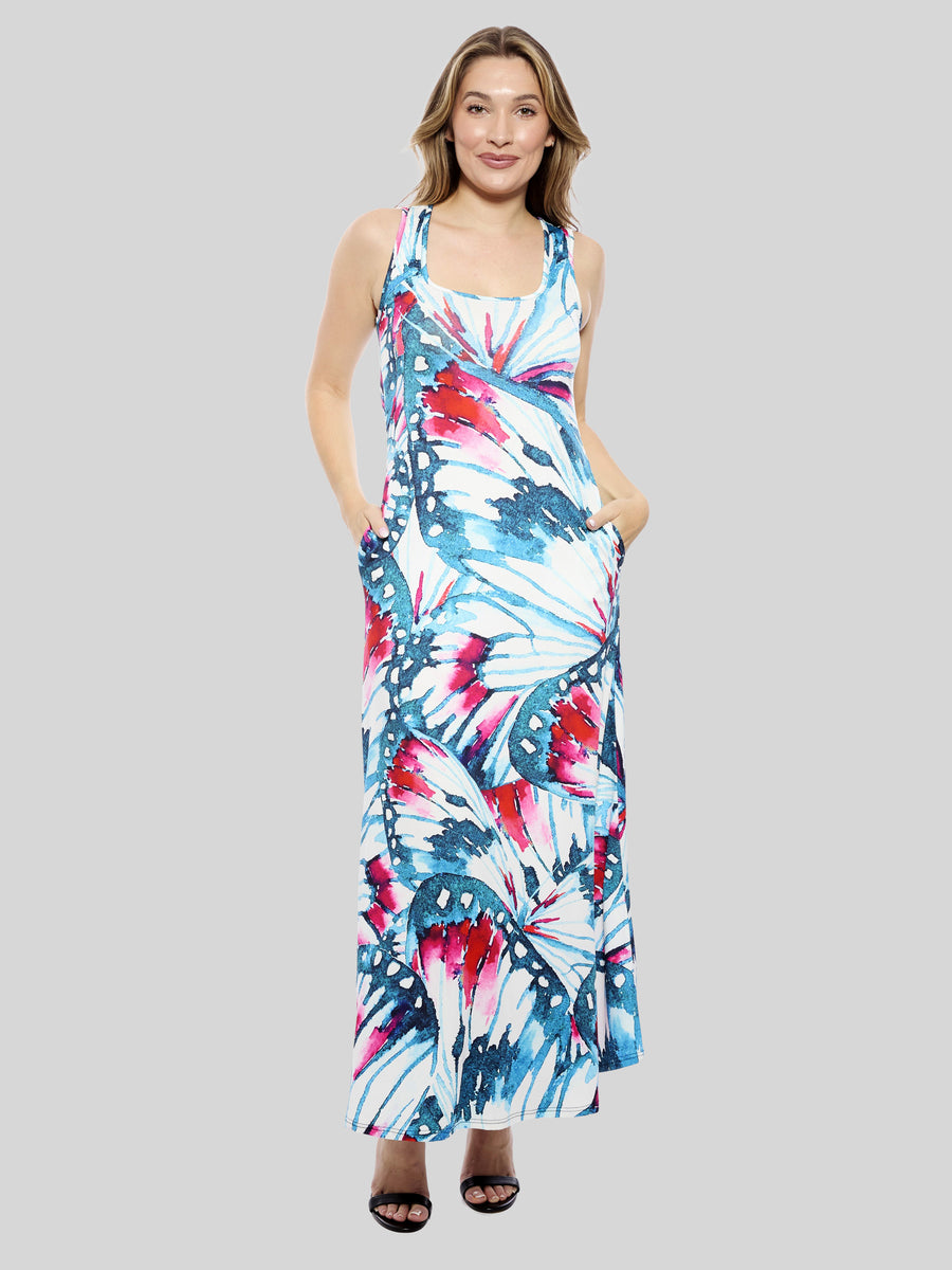 Essential Womens Butterfly Sleeveless A Line Pocket Maxi Dress