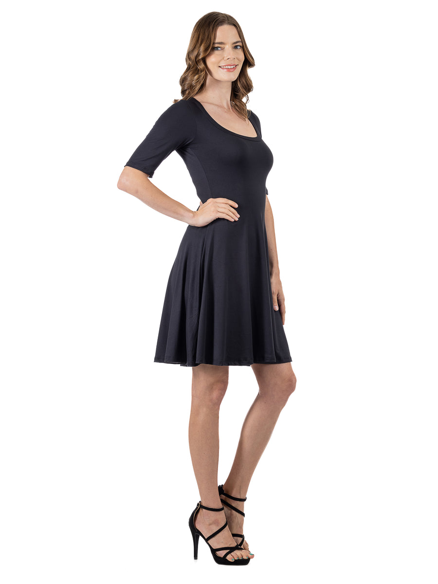 Essential Womens Scoop Neck Elbow Sleeve Knee Length Skater Dress
