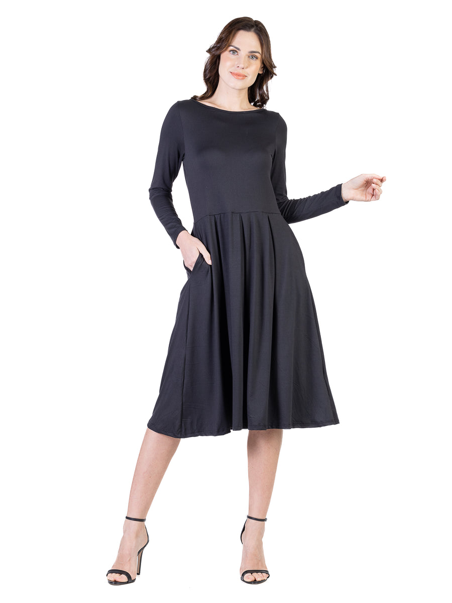 Essential Womens Round Neck Long Sleeve Pleated Pocket Midi Dress