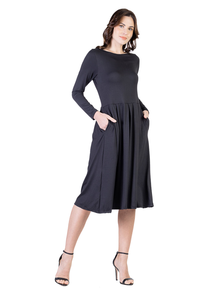 Essential Womens Round Neck Long Sleeve Pleated Pocket Midi Dress