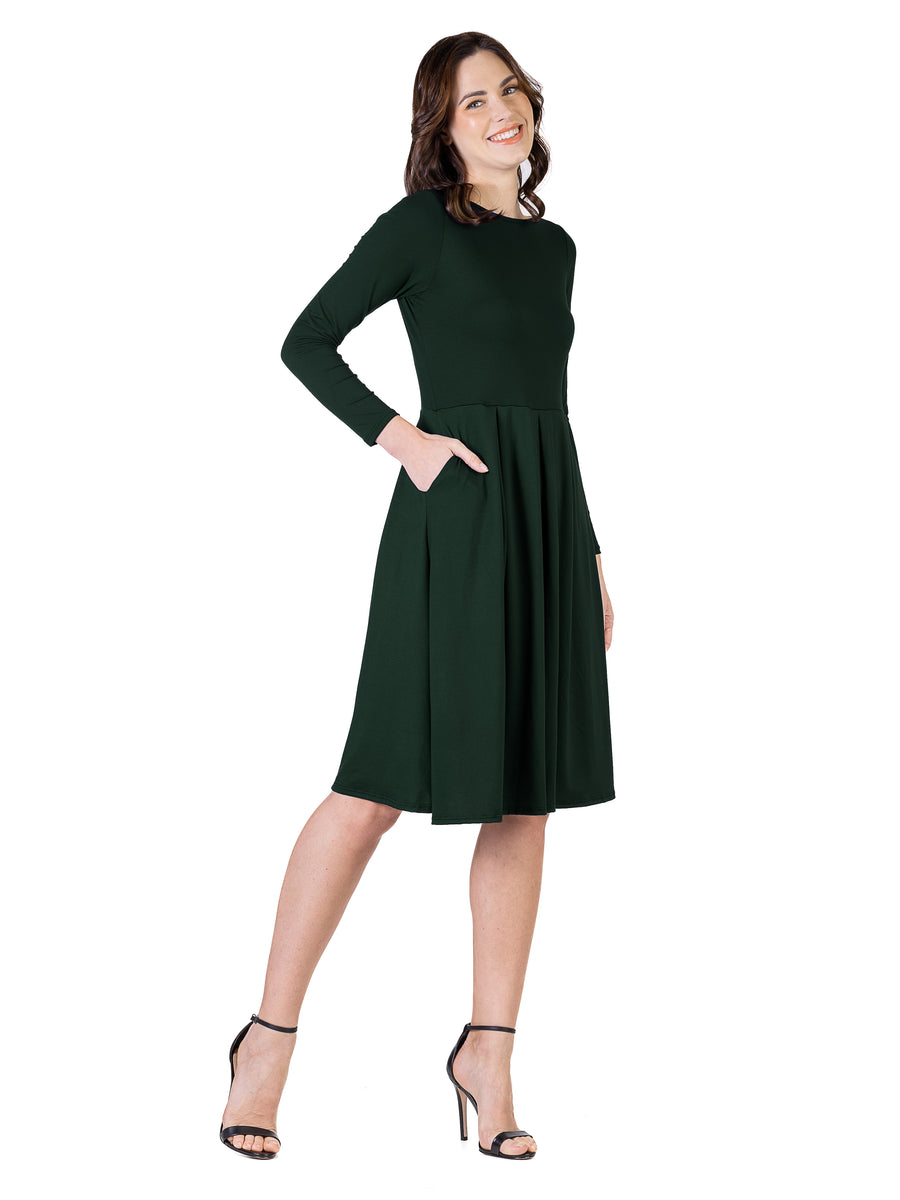 Essential Petite Round Neck Long Sleeve Fit N Flare Pocket Midi Dress