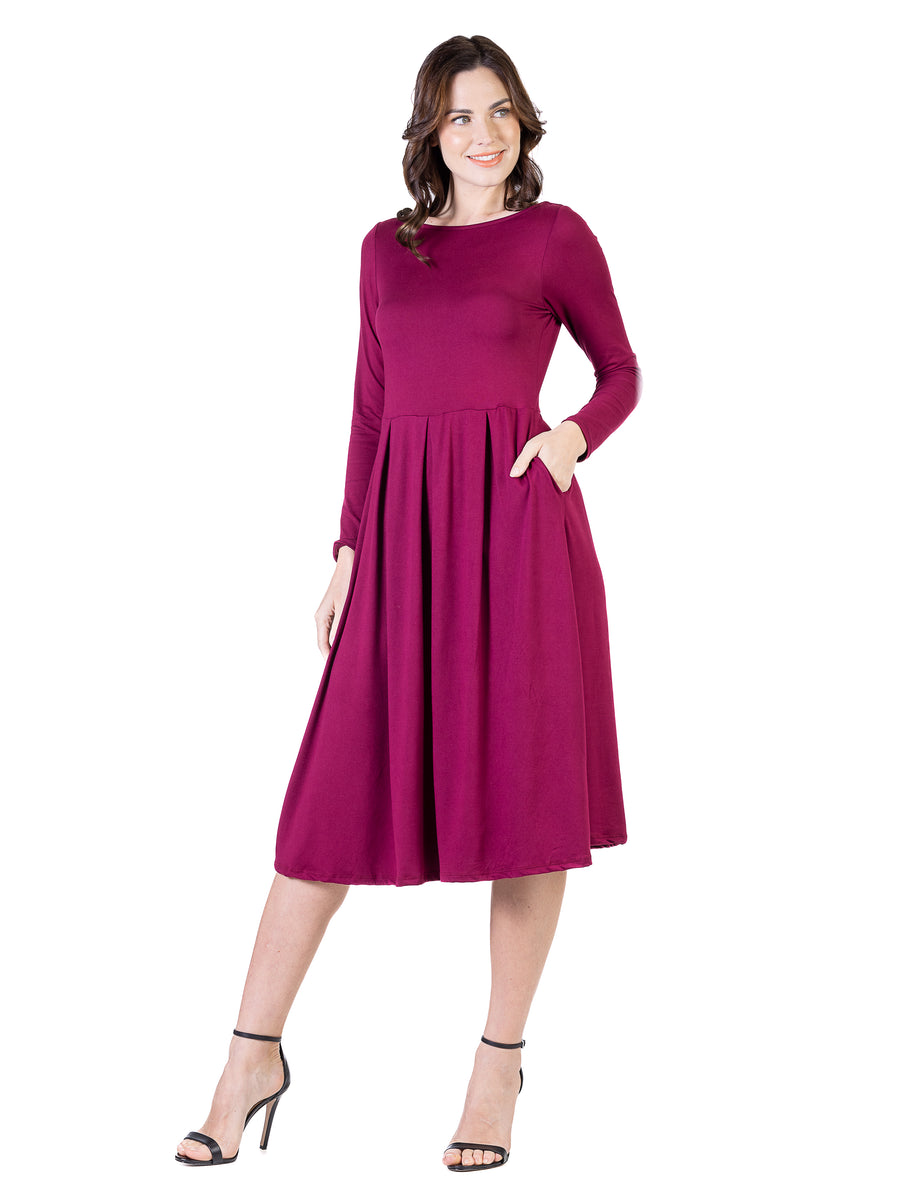 Essential Petite Round Neck Long Sleeve Fit N Flare Pocket Midi Dress