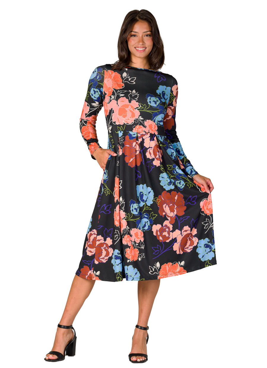 Essential Womens Black Floral Midi Length Long Sleeve Pocket Dress