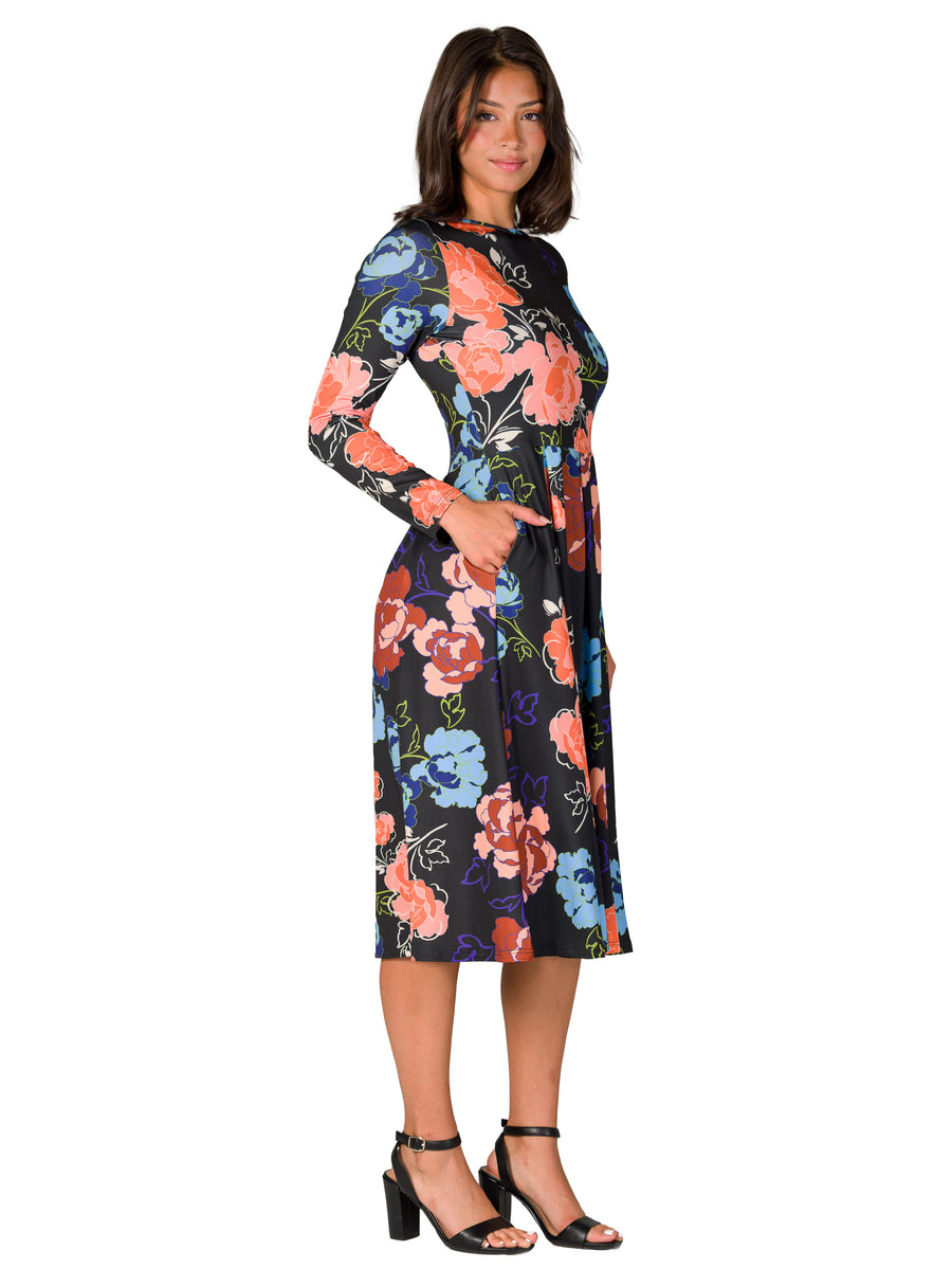 Essential Womens Black Floral Midi Length Long Sleeve Pocket Dress