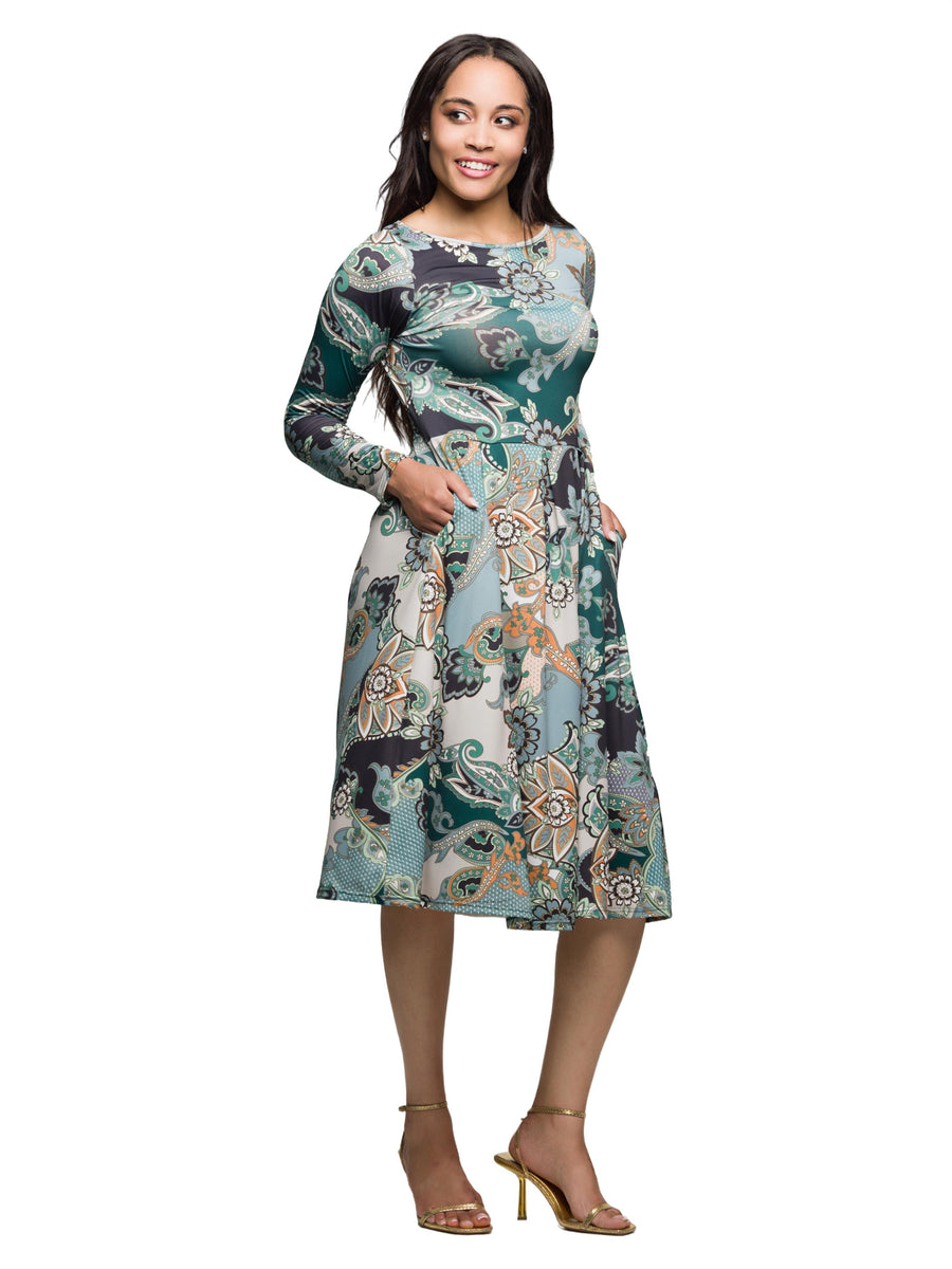 Essential Womens Paisley Round Neck Long Sleeve Pocket Midi Dress