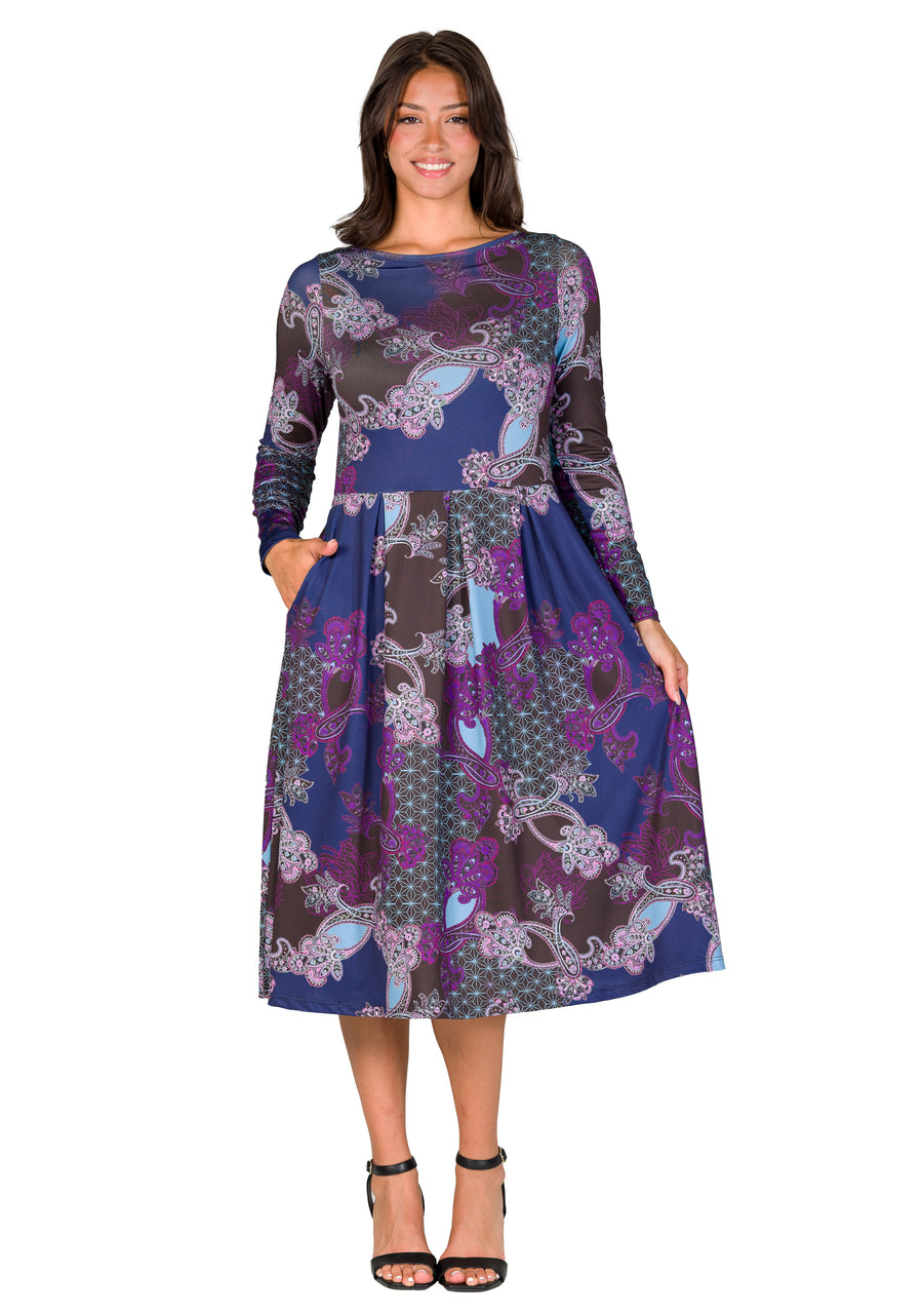 Essential Womens Purple Paisley Midi Length Long Sleeve Pocket Dress