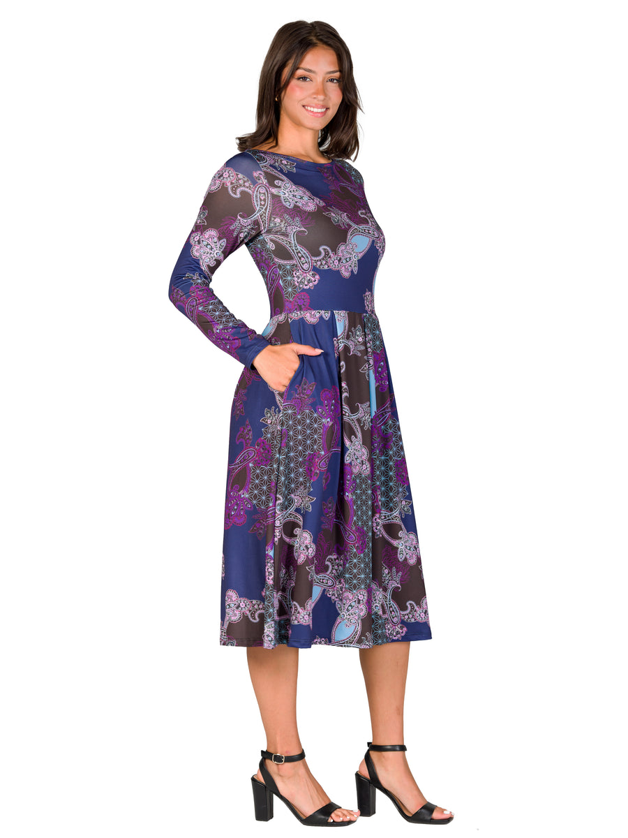 Essential Womens Purple Paisley Midi Length Long Sleeve Pocket Dress
