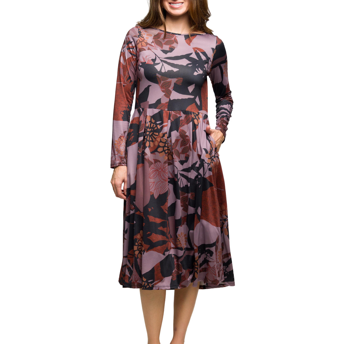 Essential Womens Floral Long Sleeve Fit N Flare Pocket Midi Dress ...