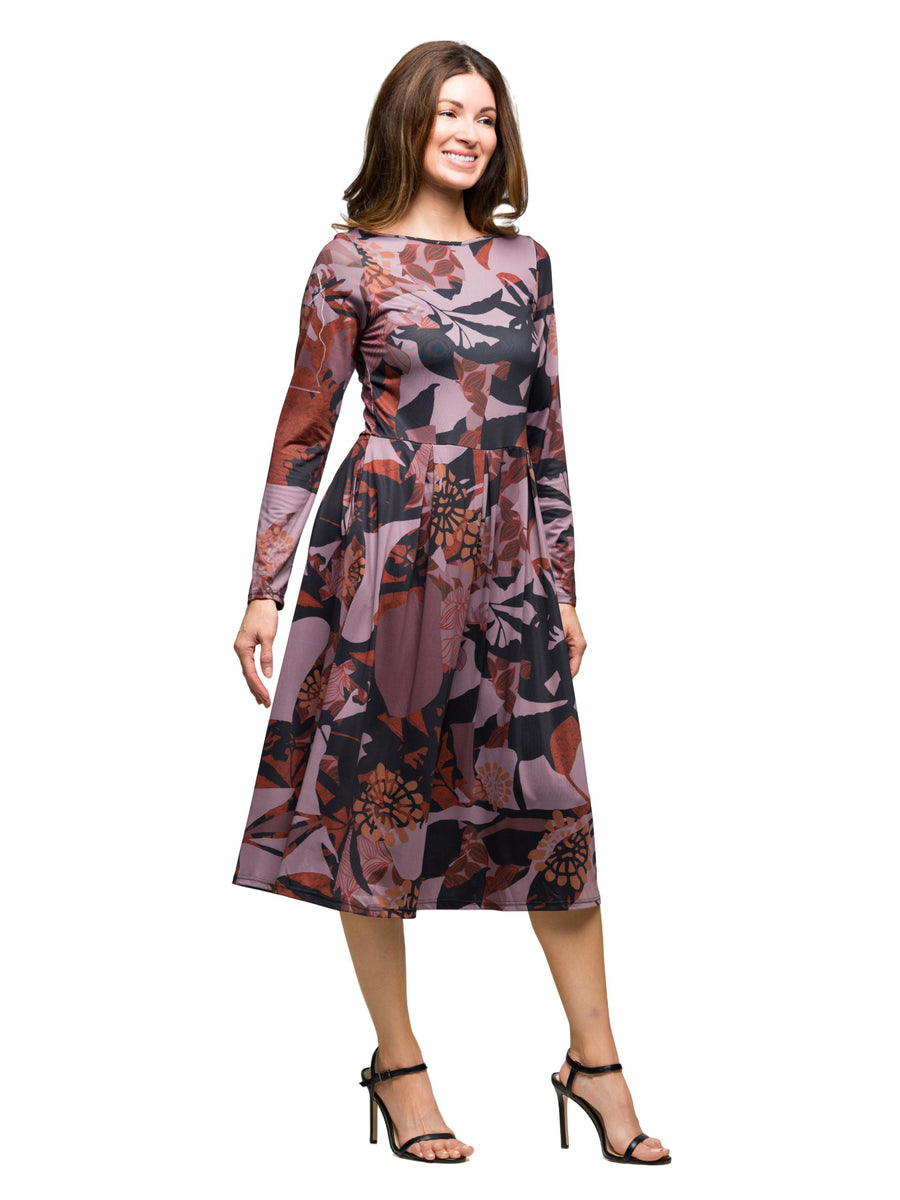 Essential Womens Floral Long Sleeve Fit N Flare Pocket Midi Dress