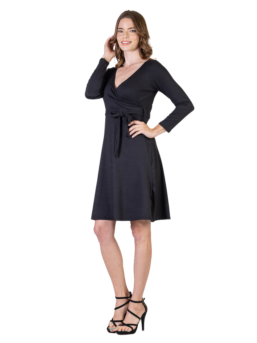 Essential Womens V Neck Long Sleeve Knee Length A Line Wrap Dress