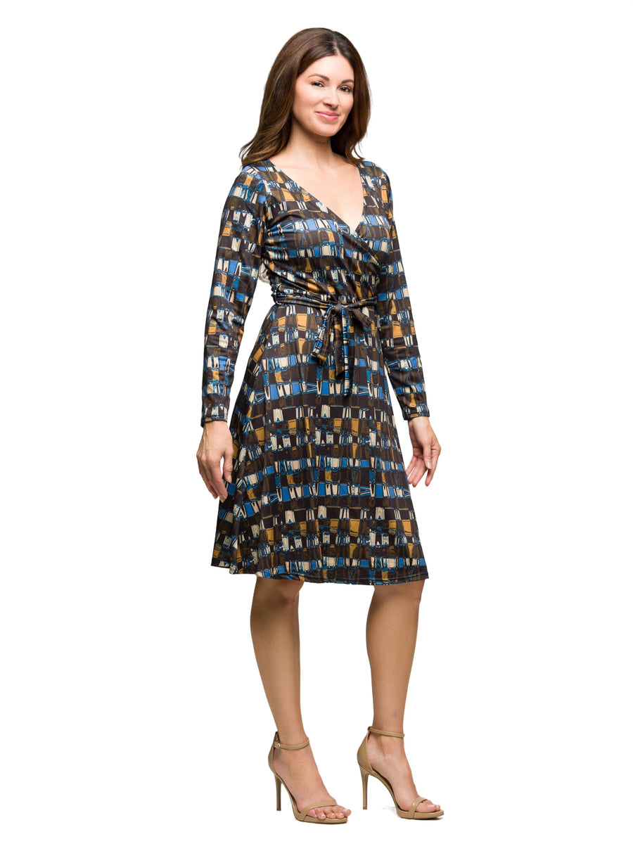 Essential Womens Geometric V Neck Long Sleeve A Line Wrap Dress