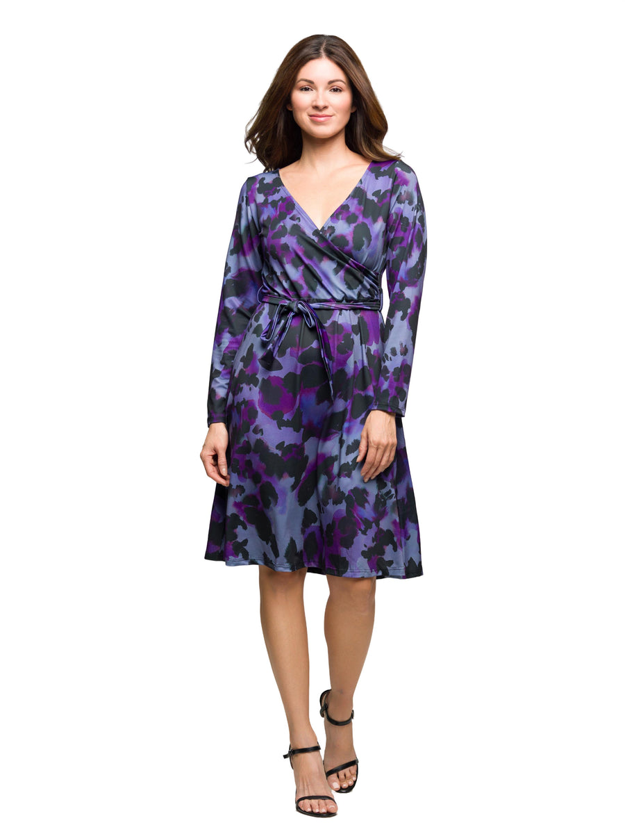 Essential Womens Animal V Neck Long Sleeve Knee Length Wrap Dress