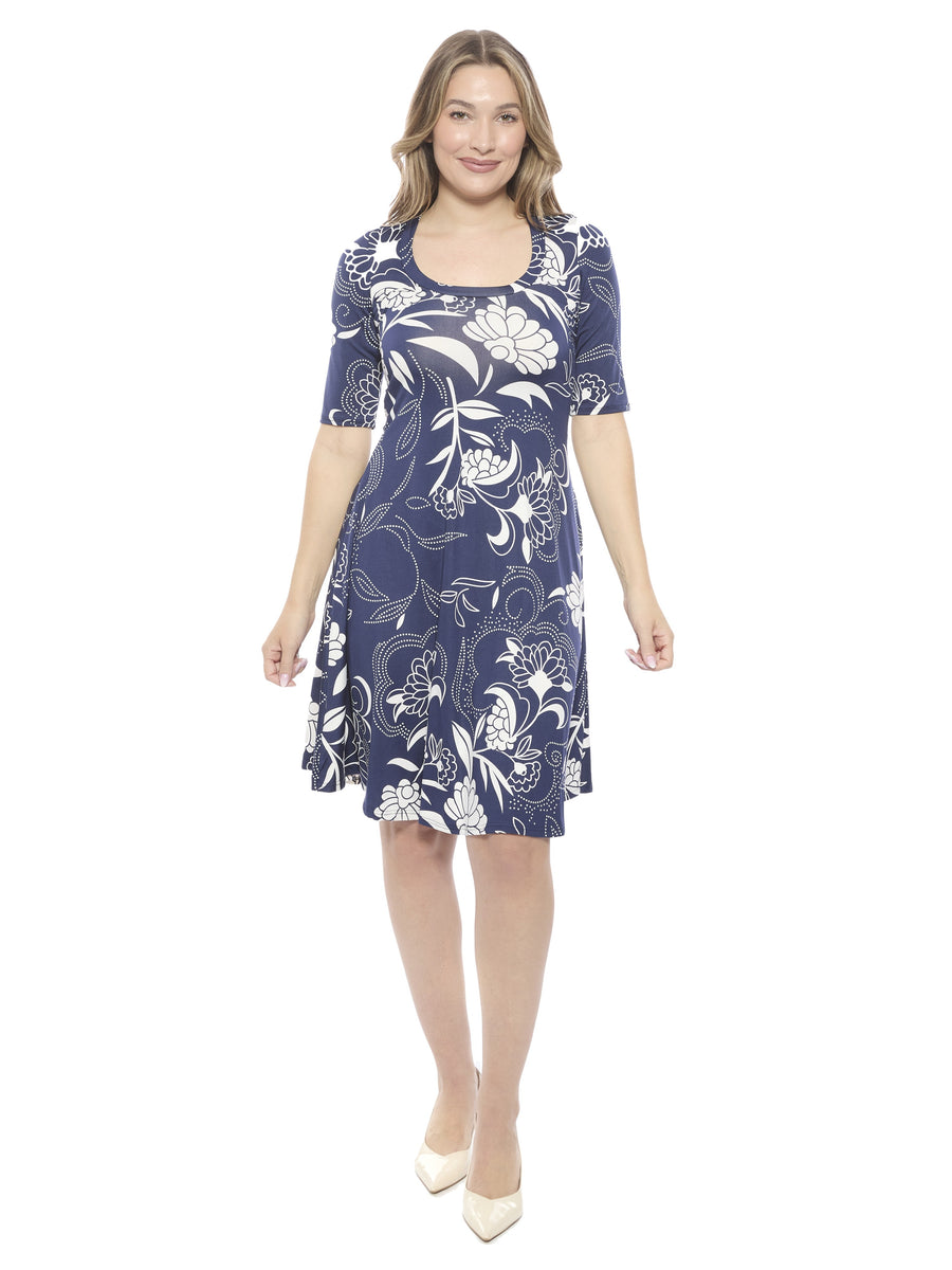 Essential Womens Floral Scoop Neck Elbow Sleeve Knee Length Dress