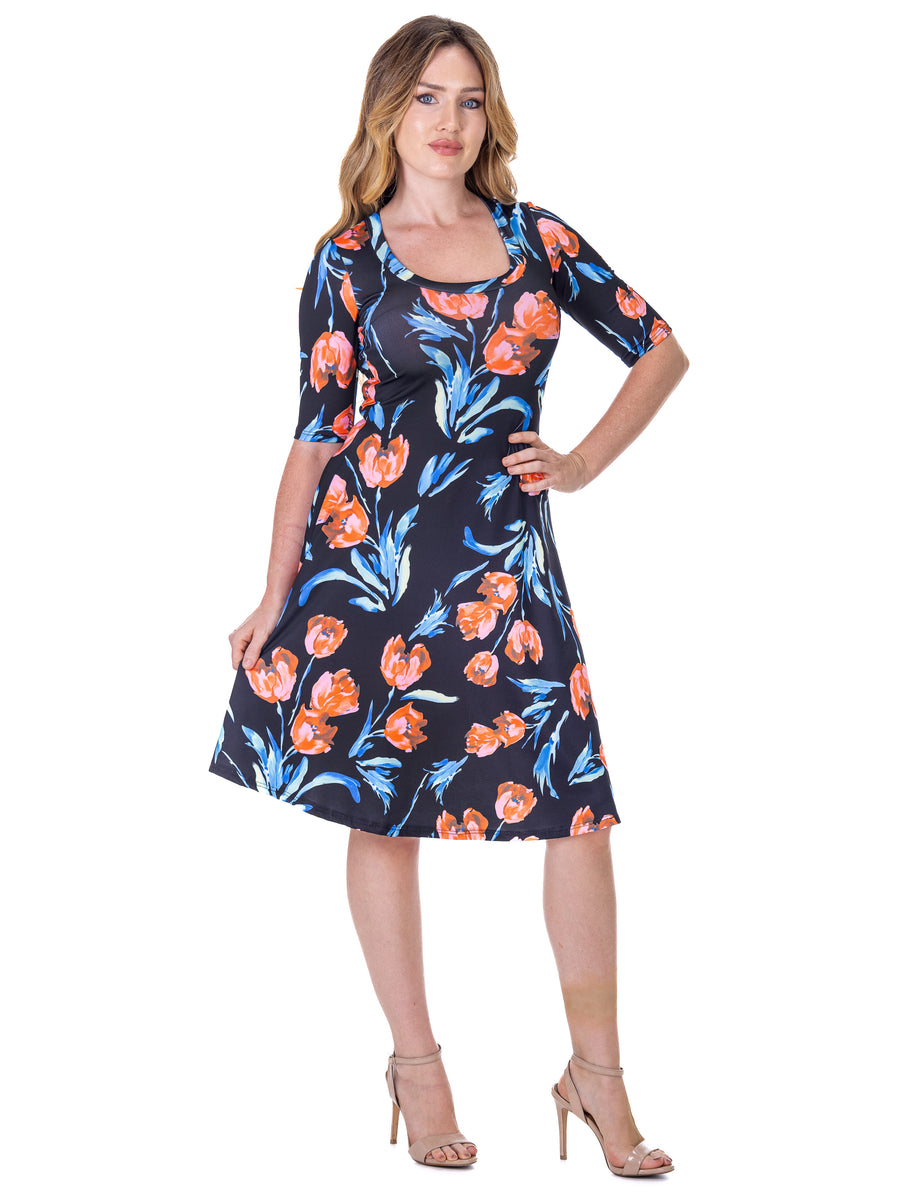Essential Womens Floral Elbow Sleeve Knee Length A Line Dress