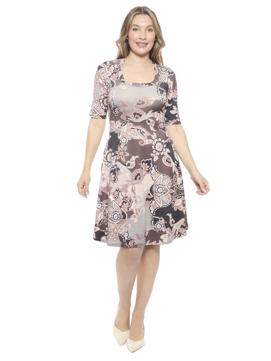 Essential Womens Paisley Scoop Neck Elbow Sleeve Knee Length Dress