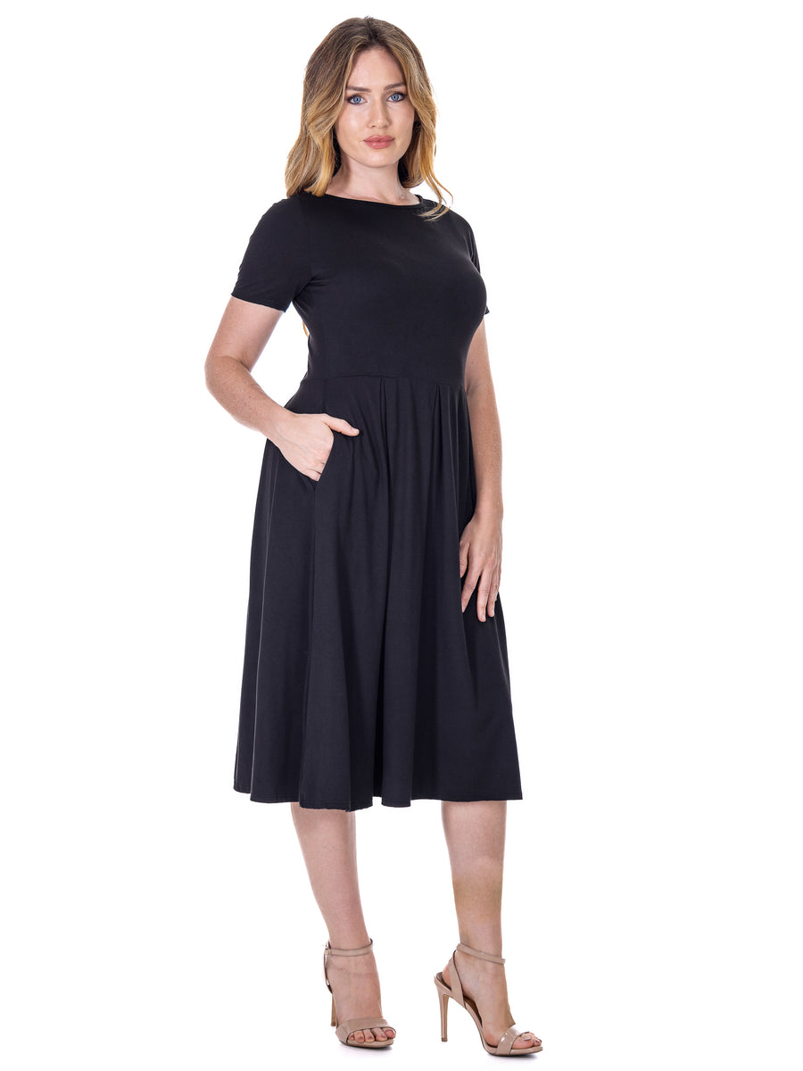 Essential Womens Short Sleeve Boat Neck Pleated FlaPocket Midi Dress