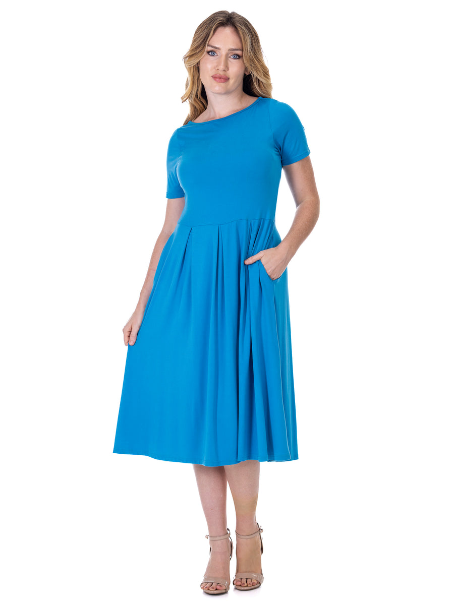 Essential Womens Short Sleeve Boat Neck Pleated FlaPocket Midi Dress