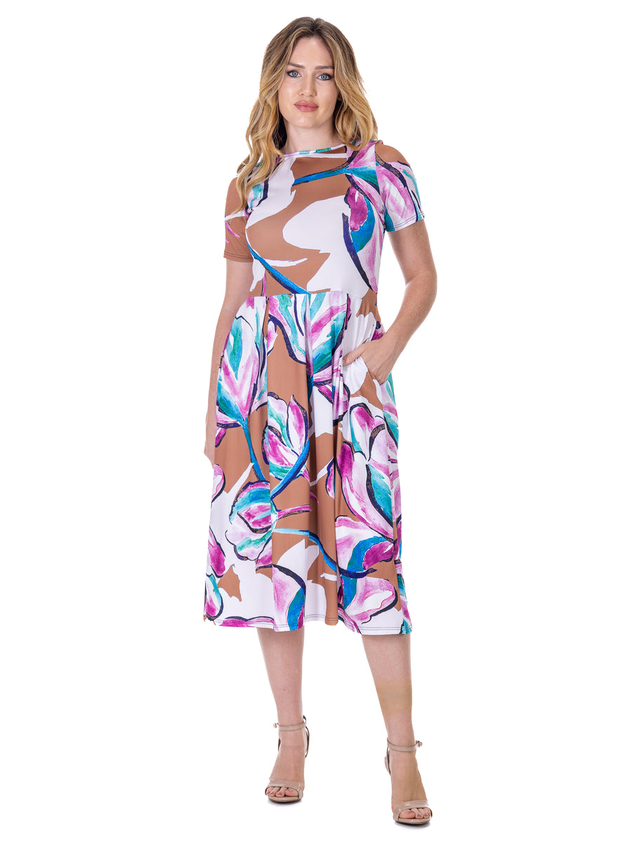Essential Womens Abstract Short Sleeve Boat Neck Pocket Midi Dress