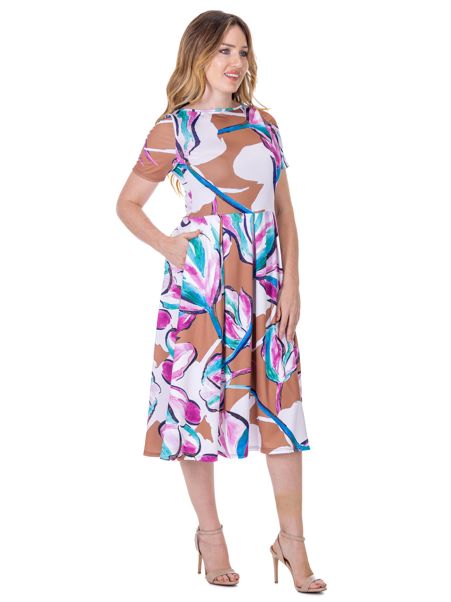 Essential Womens Abstract Short Sleeve Boat Neck Pocket Midi Dress