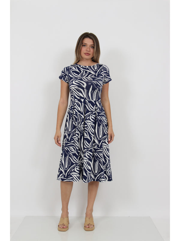 Essential Womens Abstract Print Short Sleeve Boat Neck Pleated Pocket Fit N Flare Midi Dress