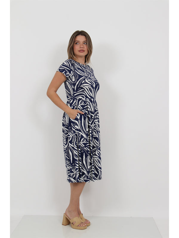 Essential Womens Abstract Print Short Sleeve Boat Neck Pleated Pocket Fit N Flare Midi Dress