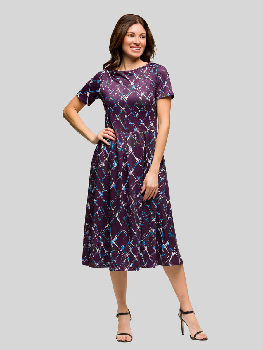 Essential Womens Geometrc Short Sleeve Boat Neck Pocket Midi Dress