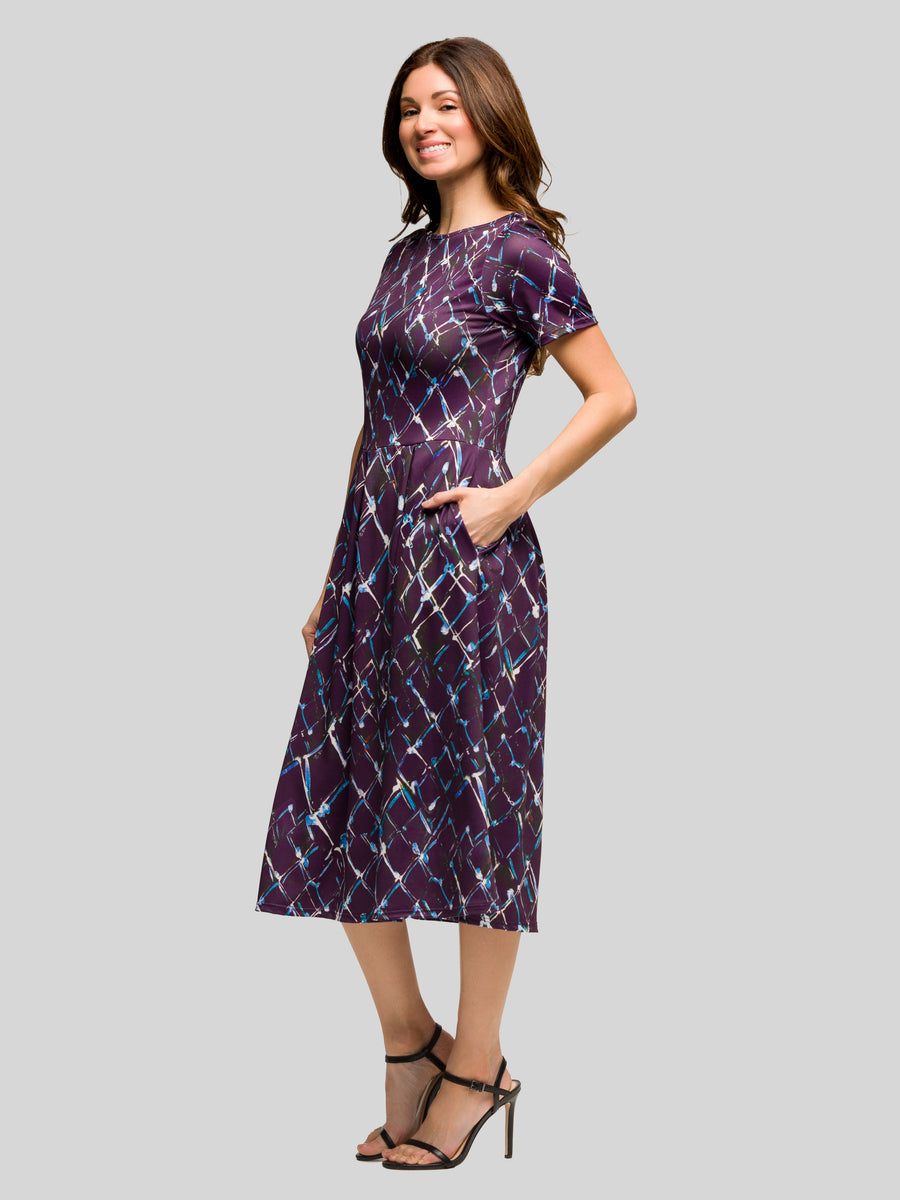 Essential Womens Geometrc Short Sleeve Boat Neck Pocket Midi Dress