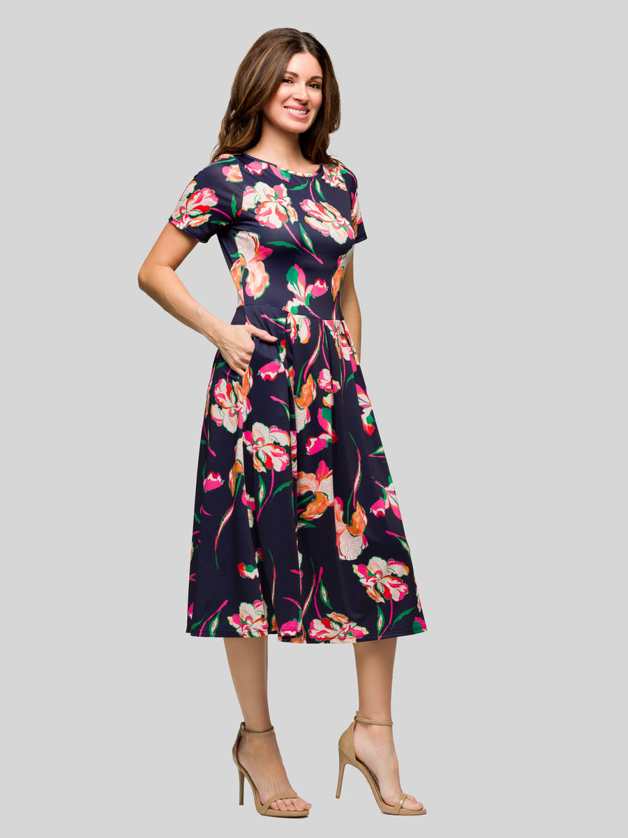 Essential Womens Floral Short Sleeve Boat Neck Pocket Midi Dress