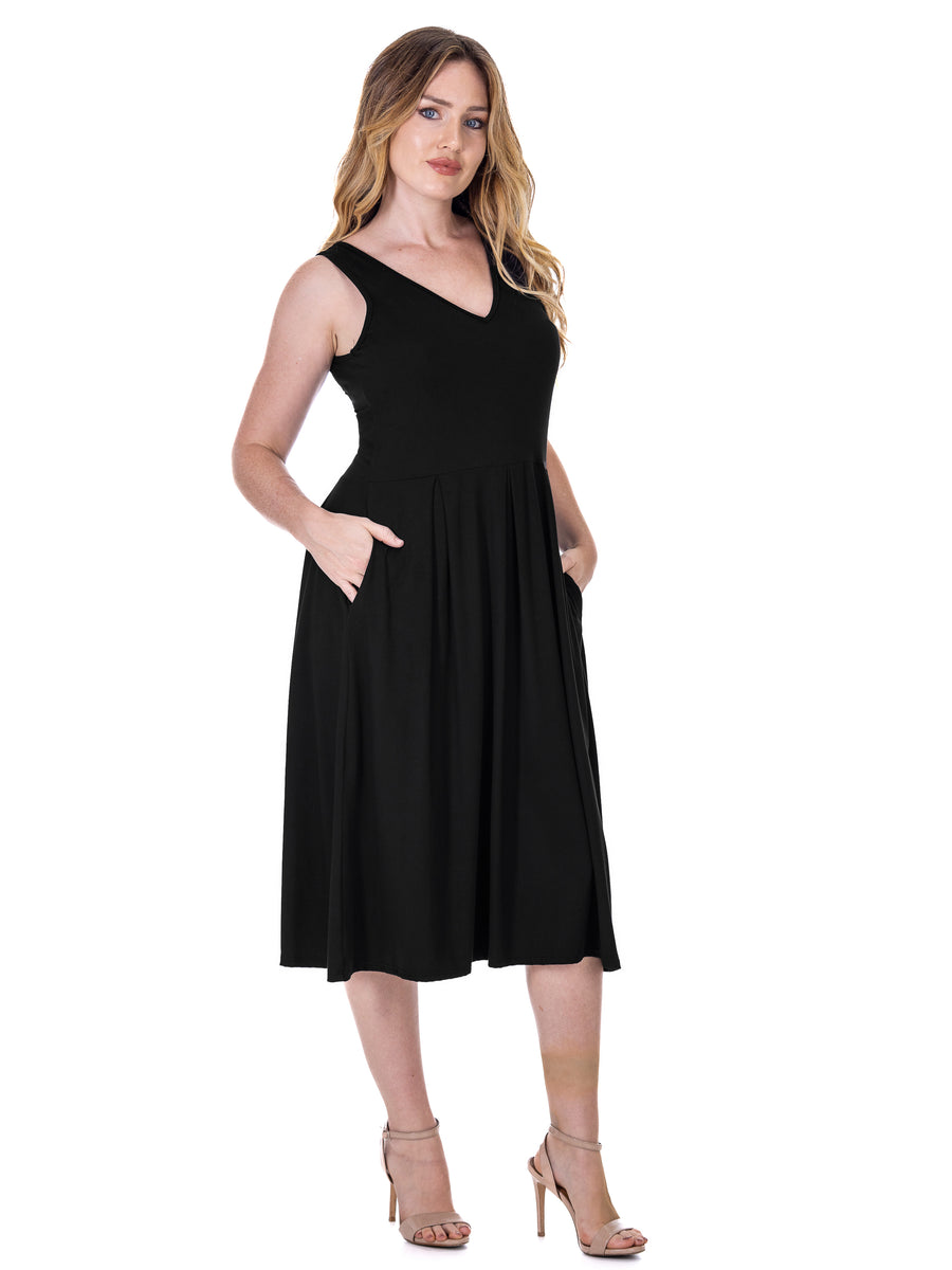 Essential Womens V Neck Sleeveless Fit N Flare Pocket Midi Dress