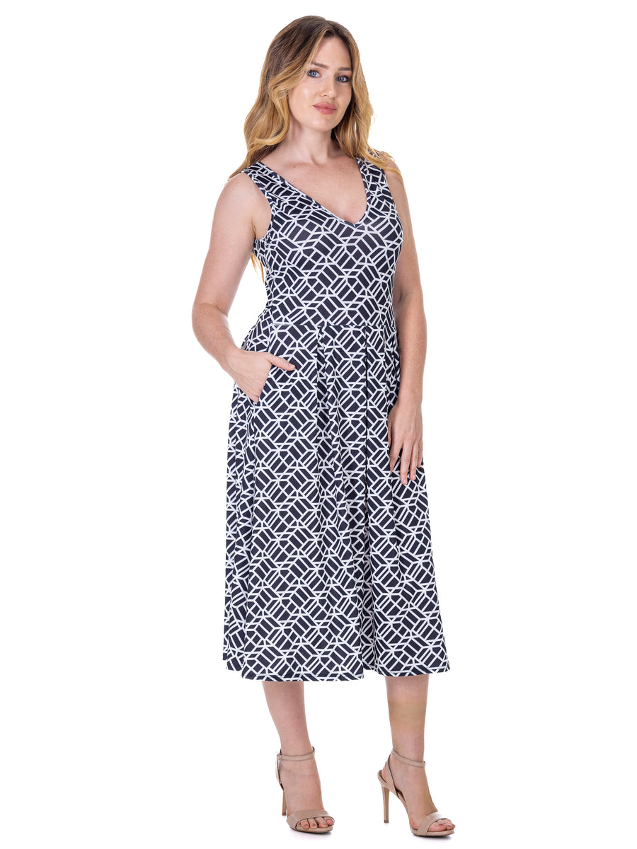 Essential Womens Geometric Sleeveless Fit N Flare Pocket Midi Dress