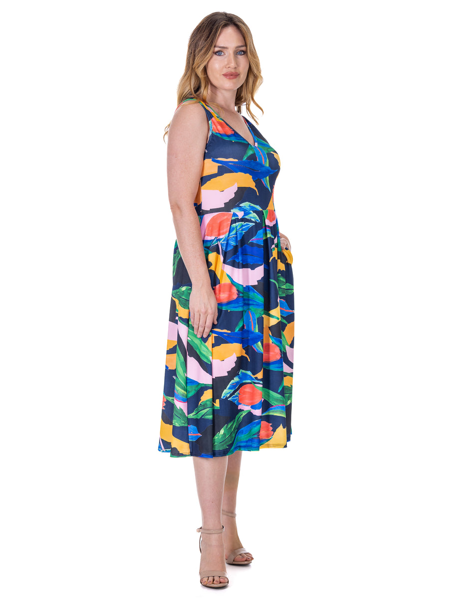 Essential Womens Floral V Neck  Fit N Flare Pocket Midi Dress