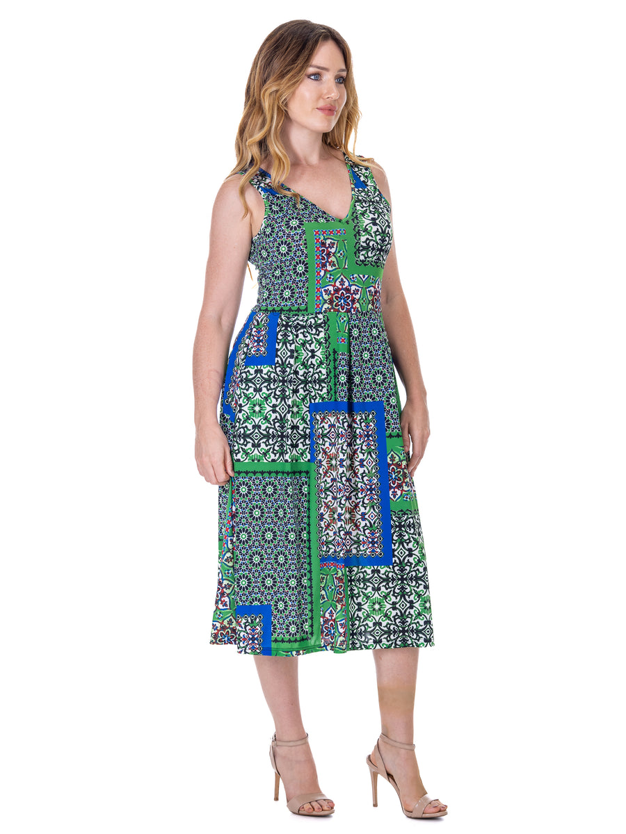Essential Womens Abstract Sleeveless Fit N Flare Pocket Midi Dress