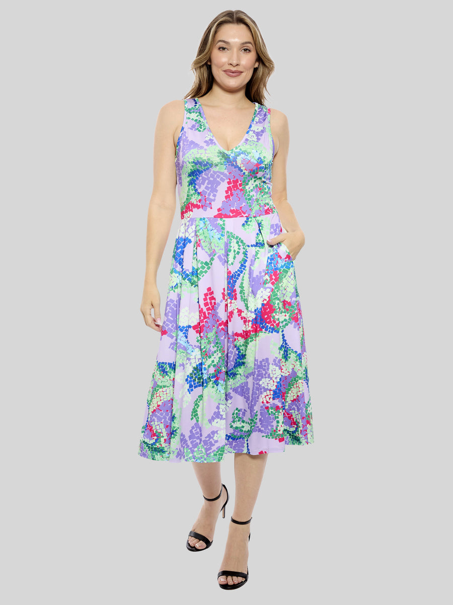 Essential Womens Abstract V-Neck Sleeveless Pocket Fit N Flare Dress