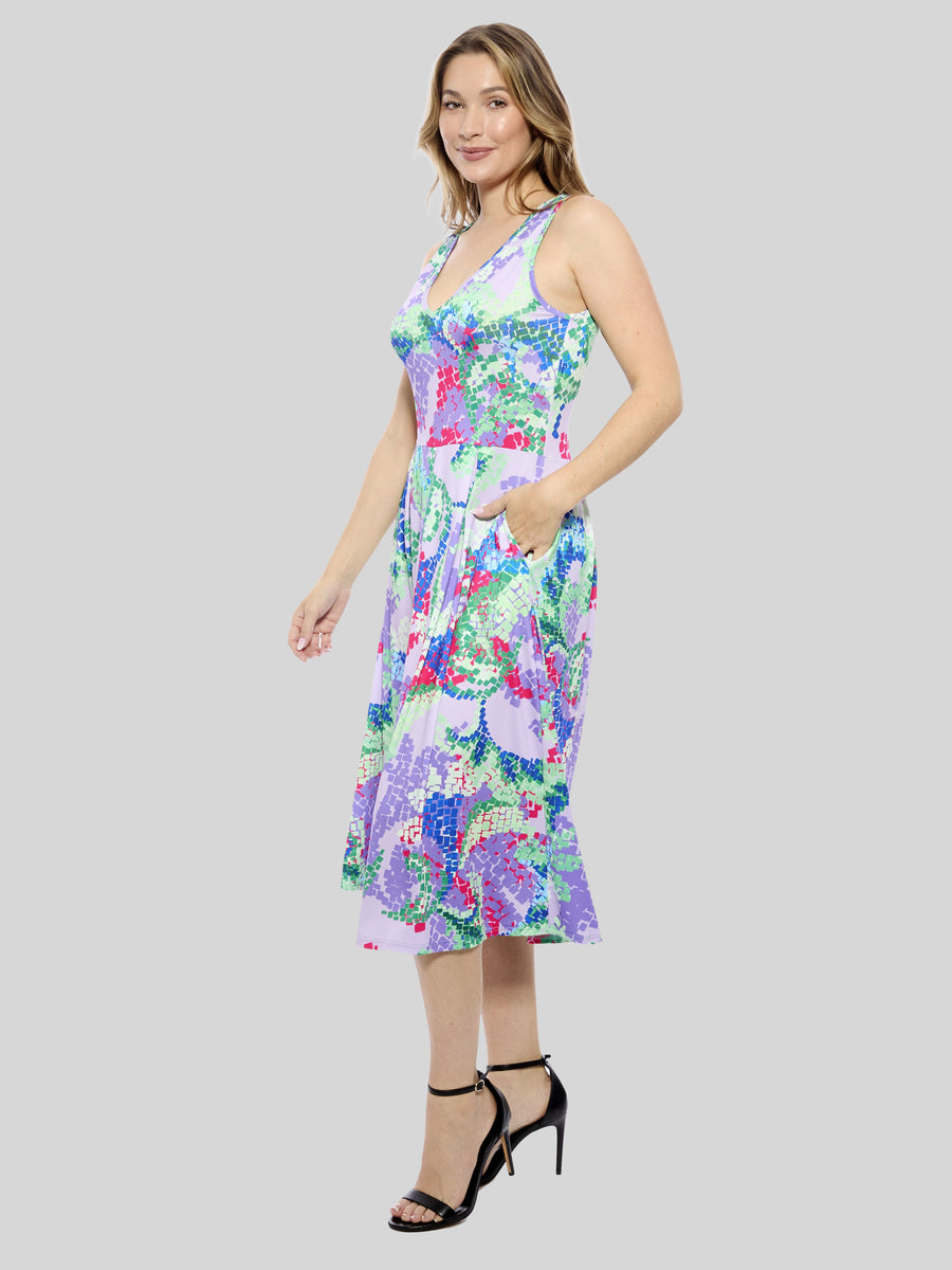Essential Womens Abstract V-Neck Sleeveless Pocket Fit N Flare Dress