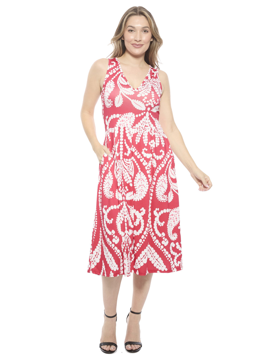 Essential Womens Paisley Sleeveless Pocket Midi Fit N Flare Dress