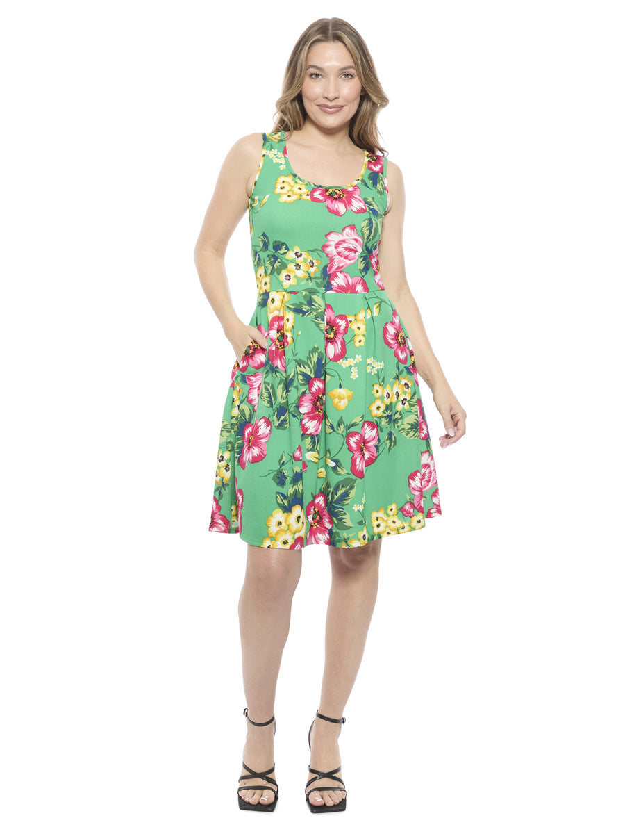 Essential Womens Floral Sleeveless Pleated Pocket Fit N Flare Dress