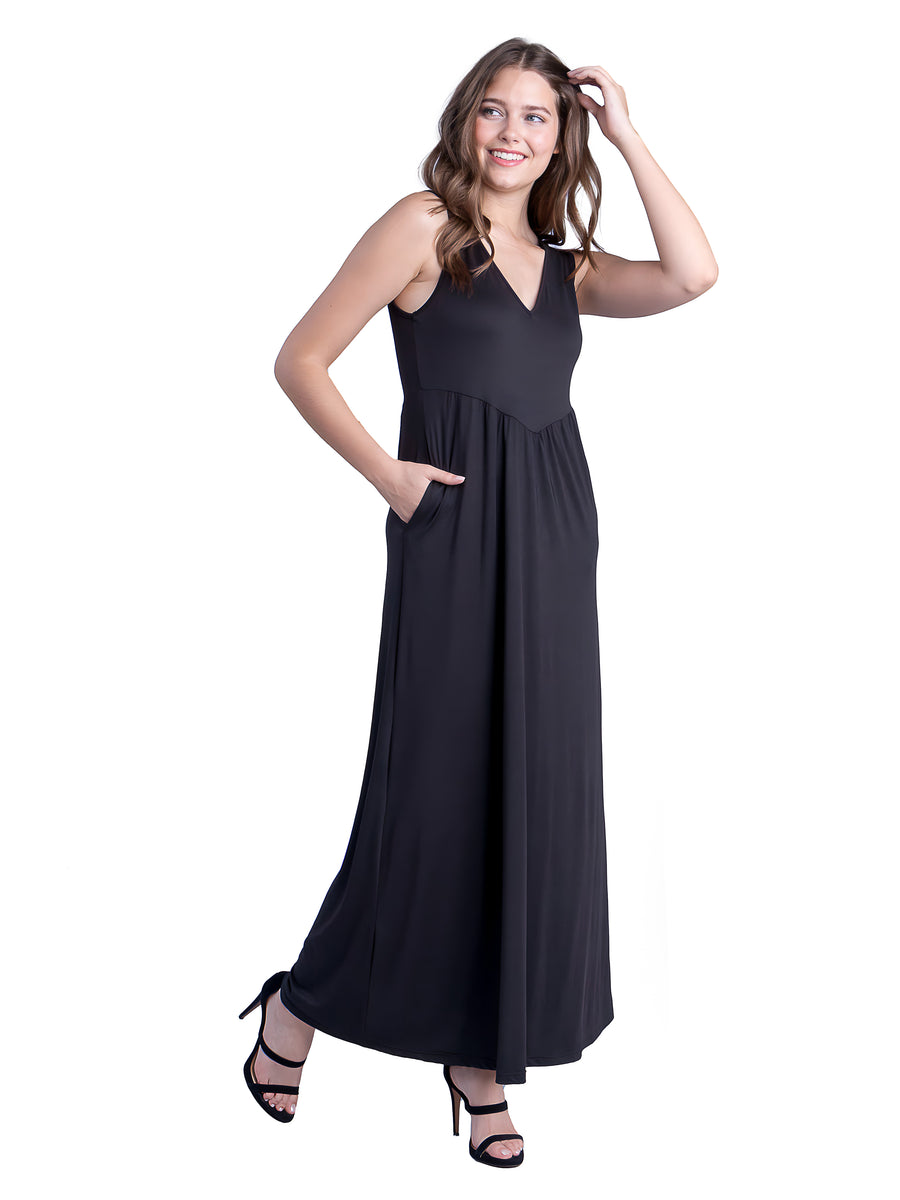 Essential Womens Sleeveless V Neck A Line Pocket Maxi Dress
