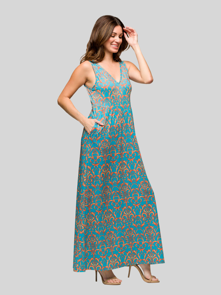 Essential Womens Abstract Sleeveless V Neck A Line Pocket Maxi Dress